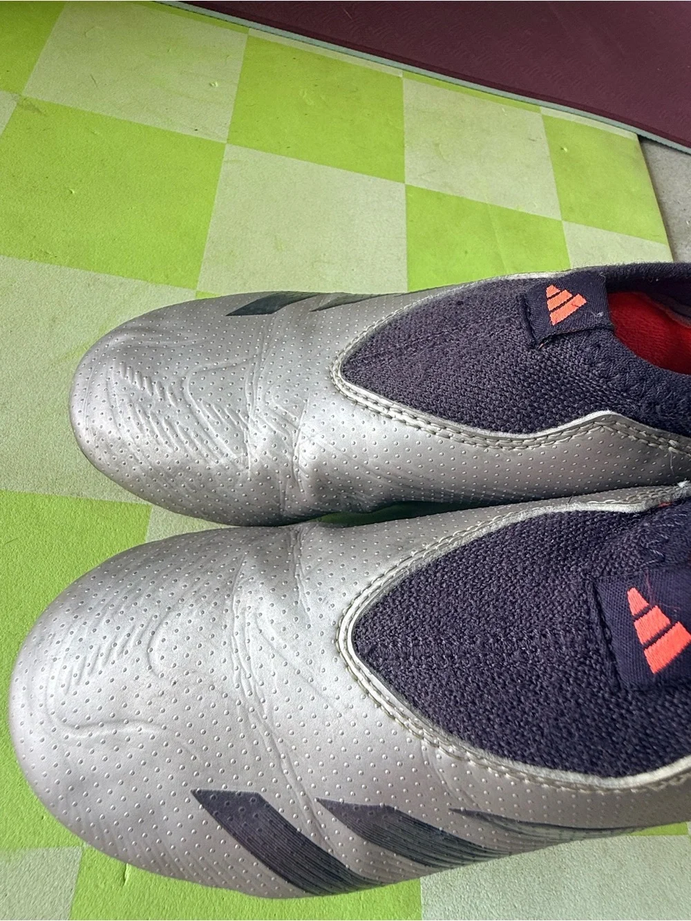 adidas Kids Predator Soccer Shoes in Silver, Navy, and Coral